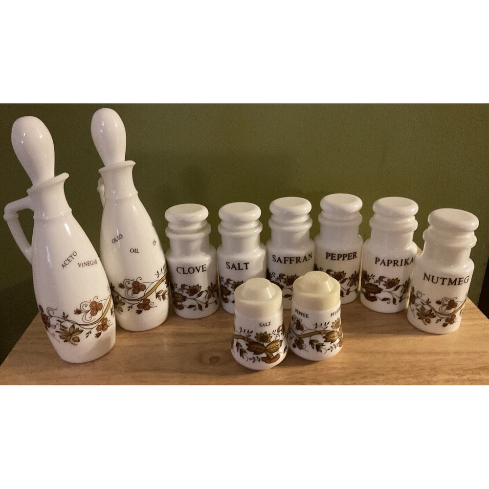 Vintage 10 Piece Milk Glass Cruets, Salt And Pepper Shakers And Spice Jars